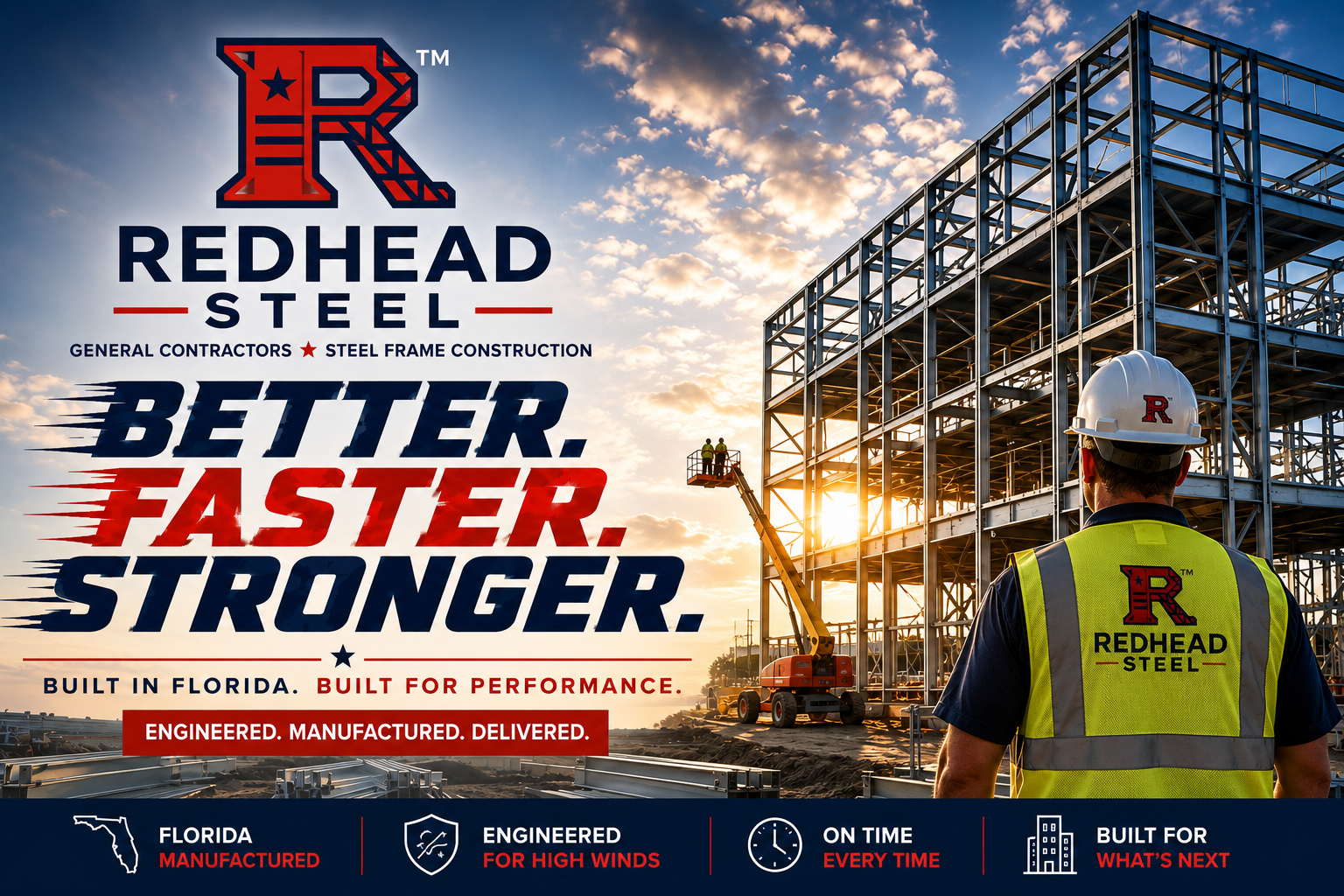 Promotional graphic for Redhead Steel featuring a construction site at sunset with a steel frame building, a worker in a high-visibility vest, and large text reading 'REDHEAD STEEL' and 'BETTER. FASTER.