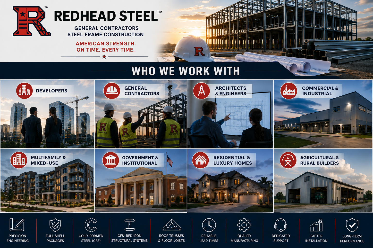 A promotional infographic banner for Redhead Steel, featuring the company logo, name, and tagline at the top, followed by a grid of photos under the heading 'WHO WE WORK WITH' showing construction projects and service categories. The bottom includes a dark navy footer with service icons and text such as structural steel, roofing, and foundation systems.