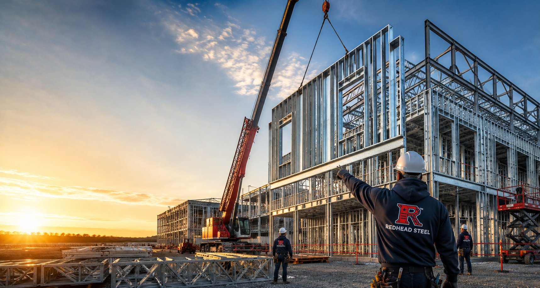 Redhead Steel crew directing a crane during erection of a multi-story cold-formed steel commercial building frame at sunrise.