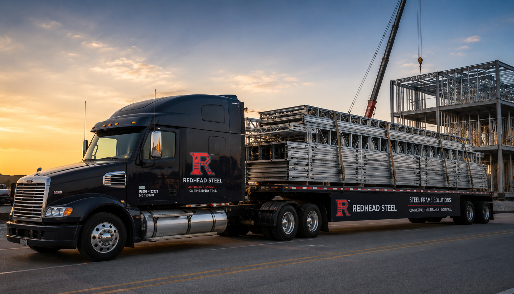 A black Freightliner semi-truck carrying a long flatbed trailer loaded with steel framing materials, parked outdoors beside a construction site at sunset. Redhead Steel branding is visible on the truck and trailer.