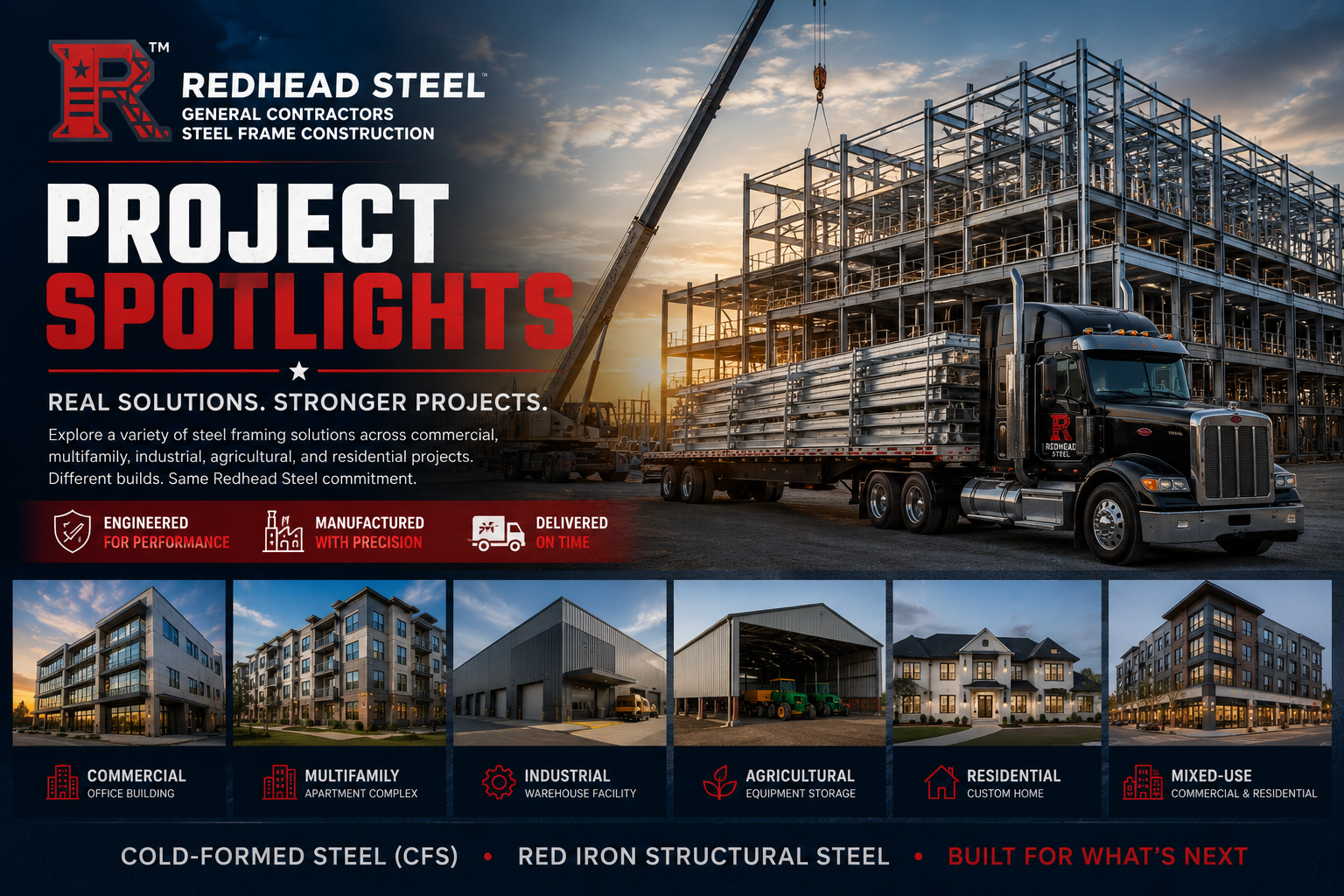 Promotional graphic for Redhead Steel featuring a large steel frame construction project at sunset, a semi-truck with steel coils, and a row of smaller project thumbnails along the bottom. Text includes 'Project Spotlights', 'Real Solutions.