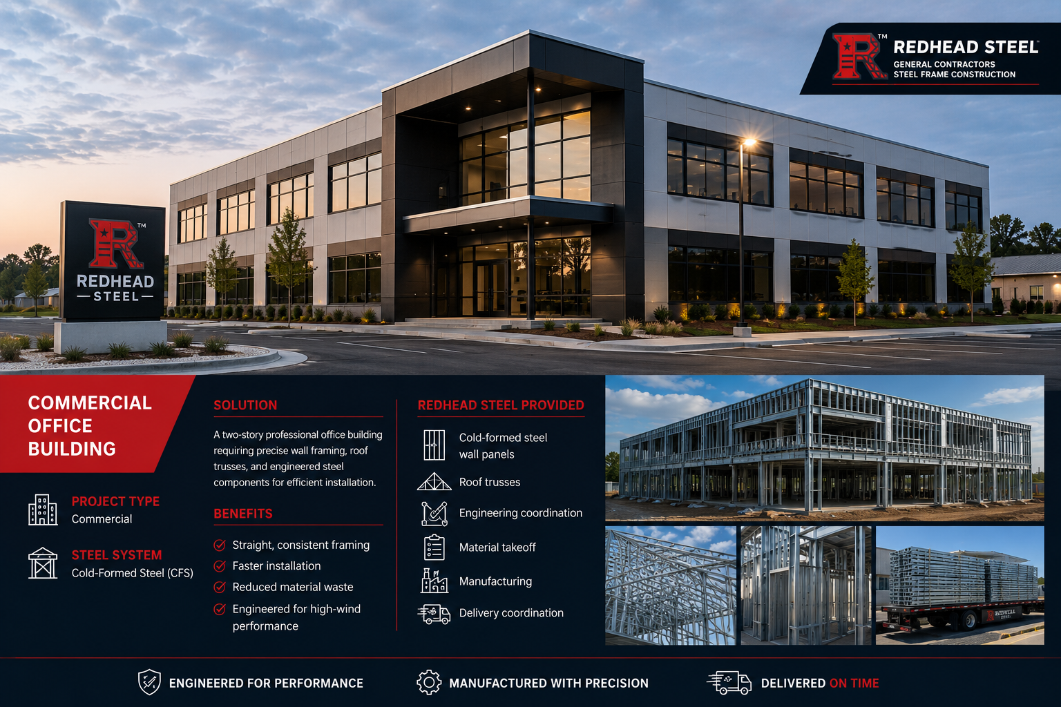 Promotional graphic for a Redhead Steel commercial office building project, showing a modern two-story building exterior, a large sign, and smaller inset photos of steel framing details and construction progress. Text highlights the commercial office building solution, benefits, and Redhead Steel services.