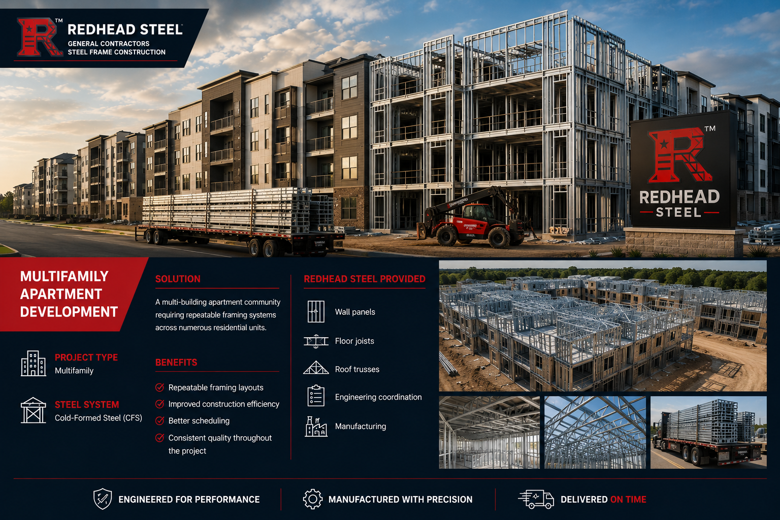 Promotional infographic for Redhead Steel's CFS (Cold-Formed Steel)system, featuring a large photograph of a multi-story apartment complex under construction with exposed steel framing, alongside smaller detail photos of steel panels and a dark blue text panel outlining project benefits and specifications.