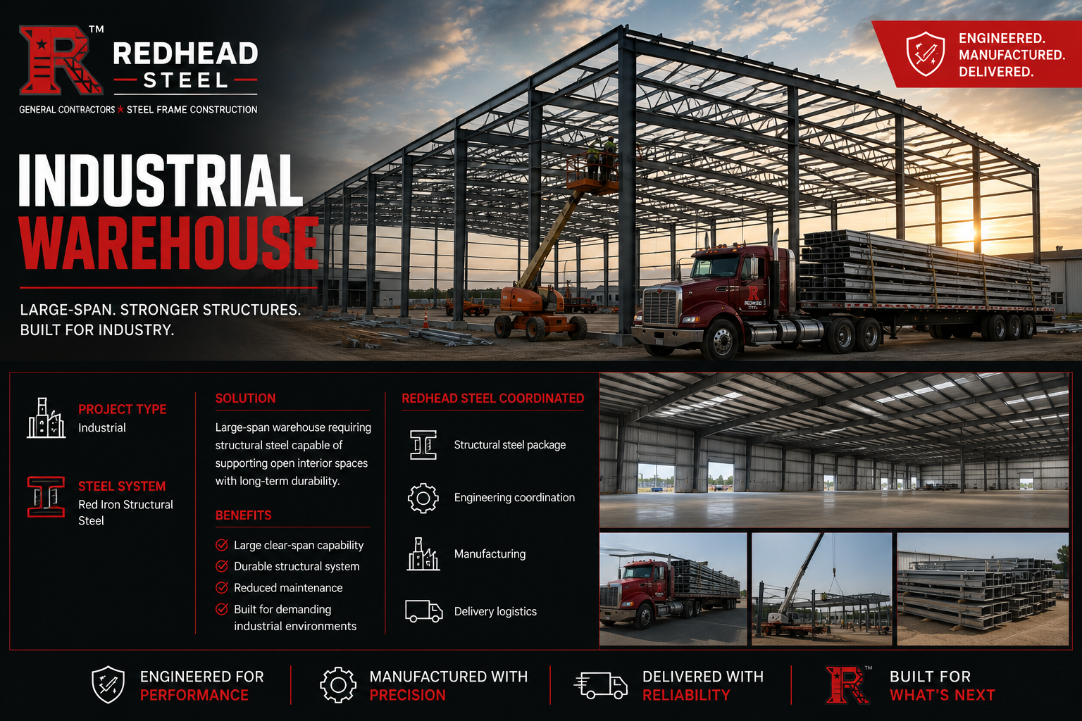 Promotional graphic for Redhead Steel industrial warehouse structures, showing a large steel frame building under construction at sunset, with text callouts, feature icons, and smaller interior/delivery photos.