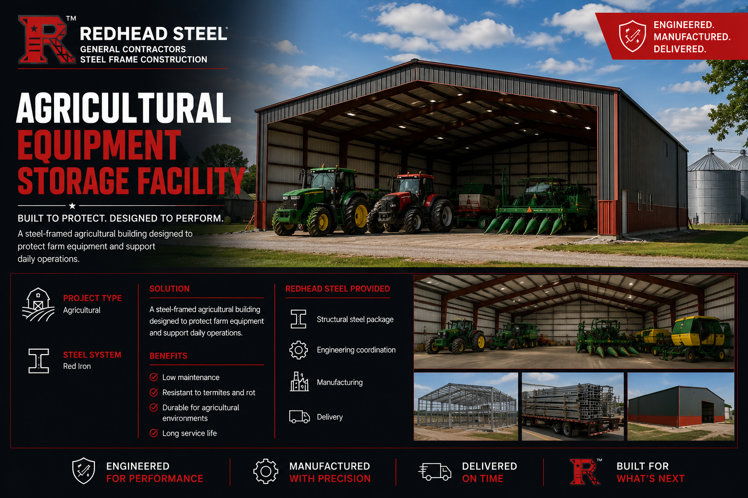 Promotional graphic for a Redhead Steel agricultural equipment storage facility, showing a large steel shed with tractors inside, silos, and smaller facility photos. Text highlights agricultural equipment storage, steel system steel, and Redhead Steel branding.