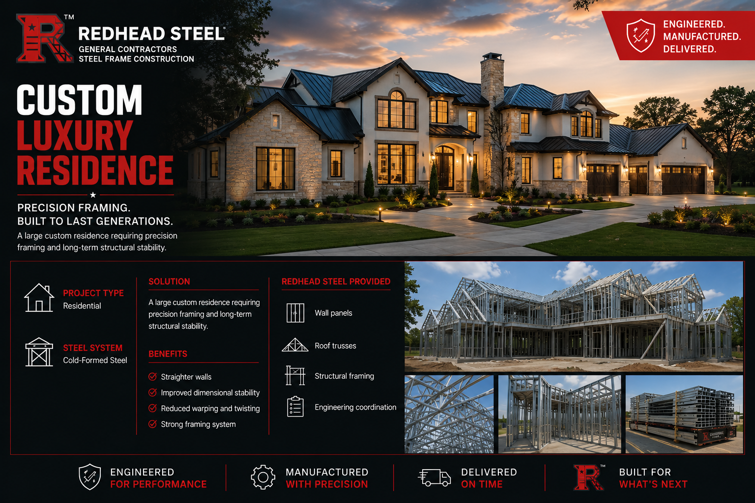 A promotional graphic for Redhead Steel custom luxury residence steel framing, featuring a large custom-built suburban house at dusk, the Redhead Steel logo and text, and smaller photos of the steel frame structure and construction interior.