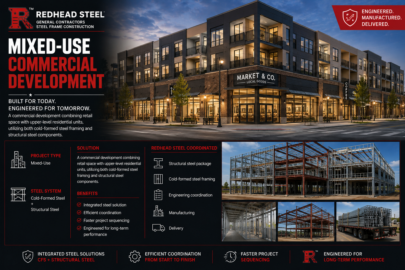 Promotional graphic for Redhead Steel commercial development, featuring a large rendering/photo of a mixed-use high-rise building at dusk, with text and inset construction detail photos on a dark navy background.
