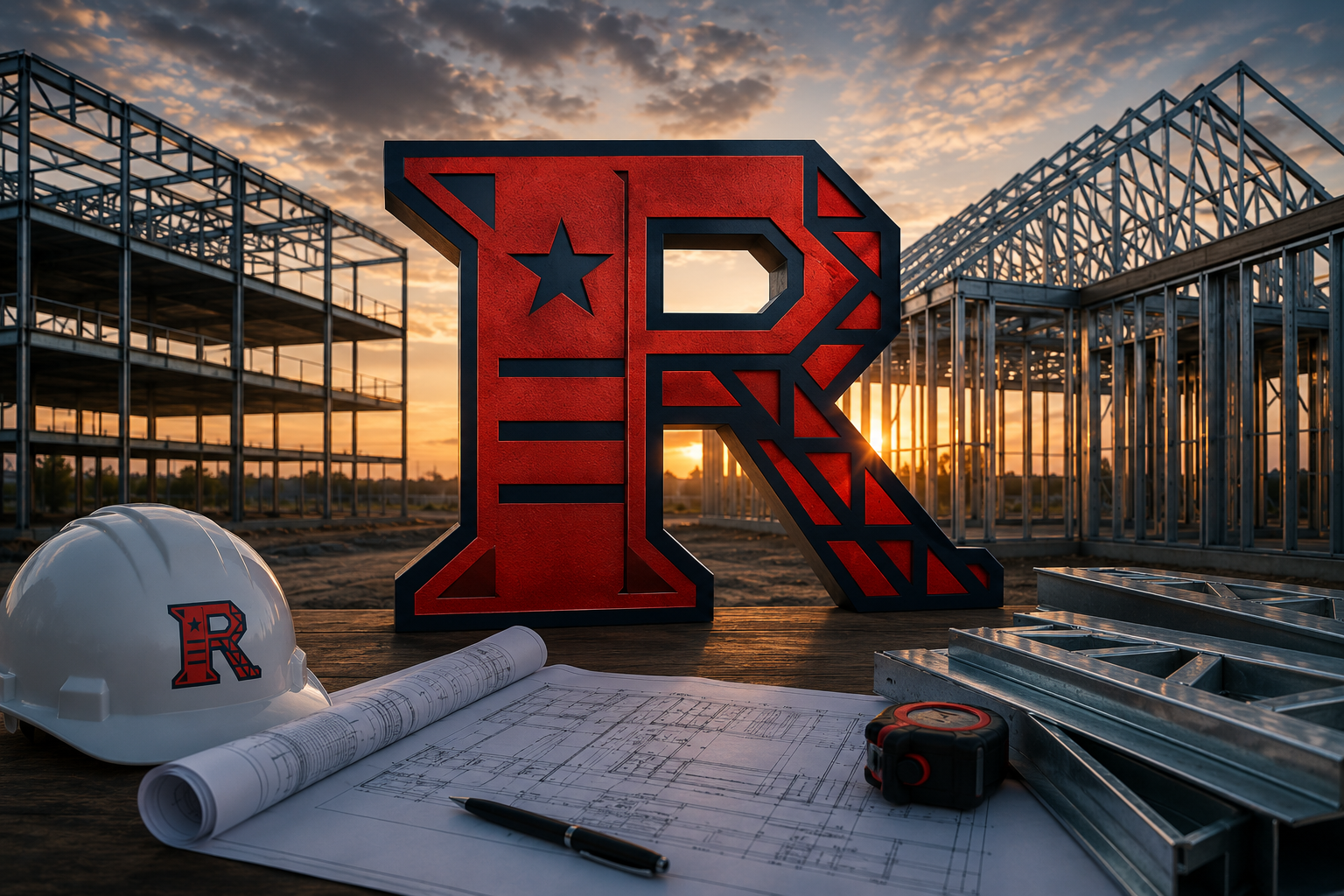 A large decorative red and black letter R with a star stands on a construction site at sunset, surrounded by steel framing, a white hard hat with a matching red R, rolled blueprints, a pen, and a tape measure.