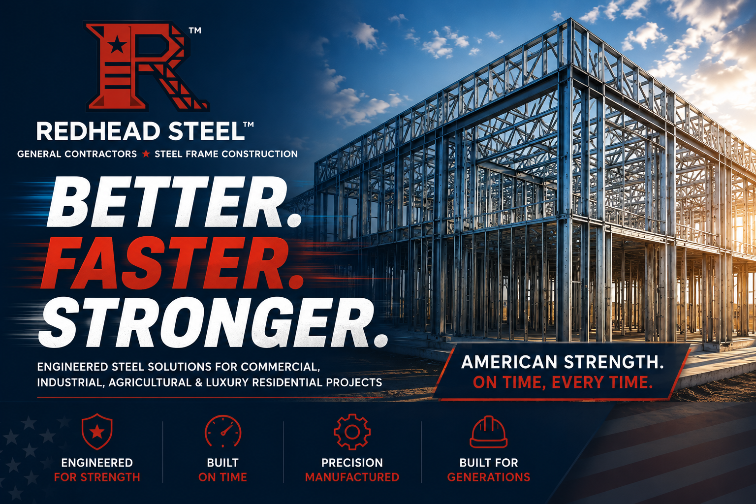 Redhead Steel promotional graphic featuring a large steel frame structure under a blue sky with clouds, with bold text reading 'REDHEAD STEEL', 'BETTER. FASTER.