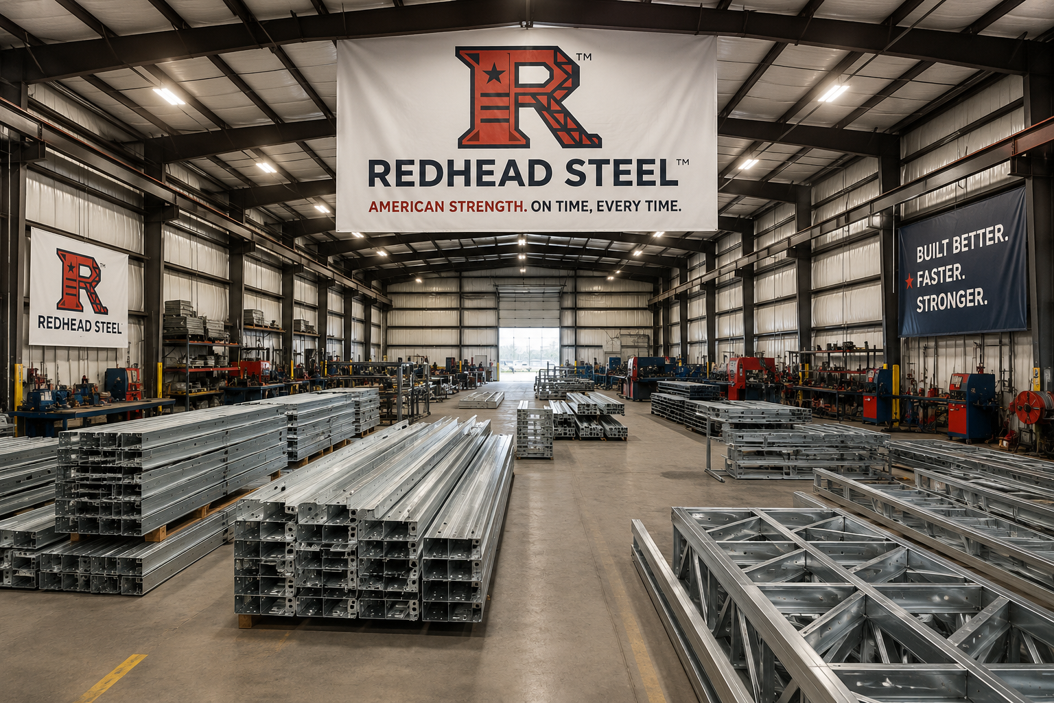 Interior of Redhead Steel's manufacturing warehouse with stacked cold-formed steel framing components and Redhead Steel branded signage.