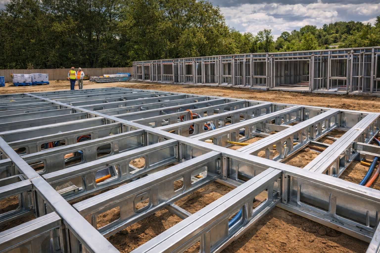 Cold-formed steel floor joist framing laid out on a Redhead Steel commercial construction site.